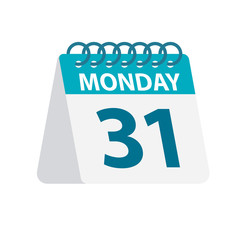 Monday 31 - Calendar Icon. Vector illustration of week day paper leaf. Calendar Template