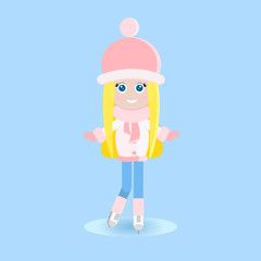 Isolated happy young blonde girl in warm clothes iice skating on the rink in flat style.