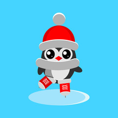 Isolated penguin in red hat, scarf and skates ice skating on the rink in flat style.