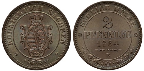 Germany German Saxony Saxon copper coin 2 two pfennig 1864, royal arms within circle, denomination and date,