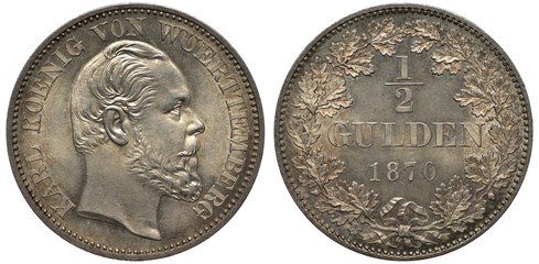 Germany German Wurttemberg silver coin 1/2 half gulden 1870, head of King Karl right, double...