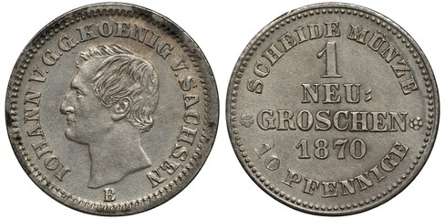 Germany German Saxony Saxon silver coin 1 one new groschen 1870, head of King Johann left, double denomination and date, 