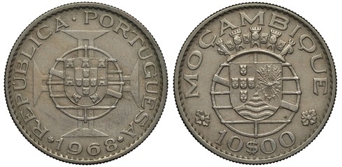 Portugal Mozambique coin 10 ten escudo 1968, arms, shield in front of stylized globe in front of cross, territory arms, denomination below flanked by flowers,