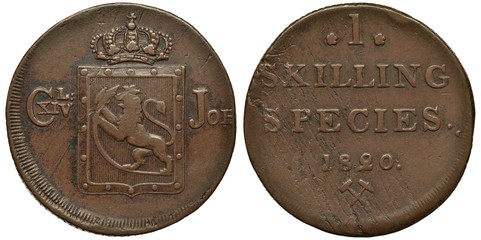 Sweden Swedish copper coin 1 one skilling species 1820, ruler Karl XIV Johan, crowned shield with...