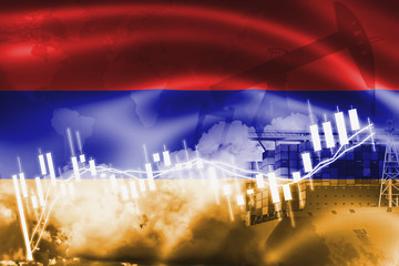 Armenia flag, stock market, exchange economy and Trade, oil production, container ship in export and import business and logistics.