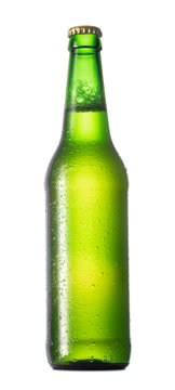 single green bottle of beer with condensation drops isolated on white background