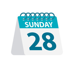 Sunday 28 - Calendar Icon. Vector illustration of week day paper leaf. Calendar Template