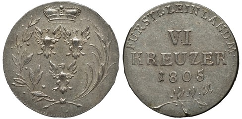 Germany German Lauenburg  silver coin 6 six kreuzer 1805, three eagles flanked by sprigs, crown above, denomination and date above branch, 