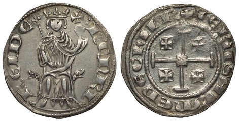 Crusader’s State on Cyprus silver coin 1 one grosso circa 1310, ruler Henry II, crowned figure on...