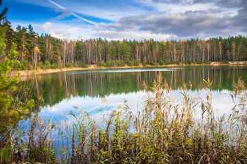 Beautiful forest lake old quarry rainy and gloomy autumn day