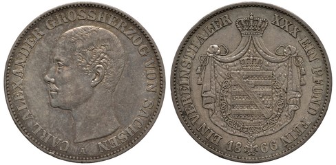 Germany German Saxe-Weimar-Eisenach silver coin 1 one thaler 1866, head of Grand Duke Carl Alexander left, arms, crowned shield with stripes in front of crowned mantle,