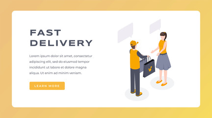 Delivery isometric landing page vector template. Delivery service worker in uniform giving parcel to woman website. Courier and buyer, girl gets shopping bags 3d concept