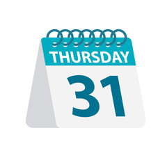 Thursday 31 - Calendar Icon. Vector illustration of week day paper leaf. Calendar Template