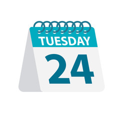 Tuesday 24 - Calendar Icon. Vector illustration of week day paper leaf. Calendar Template