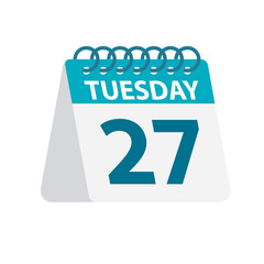 Tuesday 27 - Calendar Icon. Vector illustration of week day paper leaf. Calendar Template