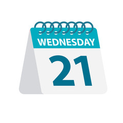 Wednesday 21 - Calendar Icon. Vector illustration of week day paper leaf. Calendar Template