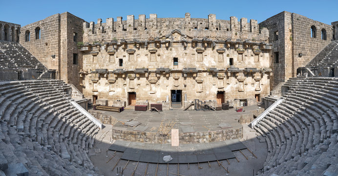 Roman amphitheater of Aspendos ancient city near Antalya, Southern Turkey. Panorama view