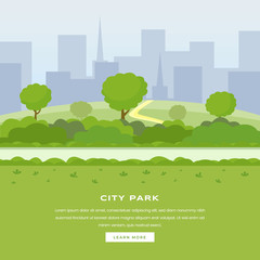 Modern city park vector landing page. Green trees and bushes walkway, skyscrapers cityspace, outdoor leisure on nature public area. Recreational urban park, botanical garden color website homepage