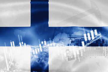 Finland flag, stock market, exchange economy and Trade, oil production, container ship in export and import business and logistics.
