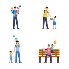 Father day flat vector illustrations set. Young men, single dads spend time with little children, sons and daughters cartoon characters. Parents and kids celebrate family holiday, happy fatherhood