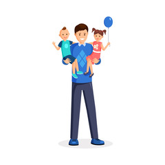 Man holding children flat vector illustration. Happy dad, babysitter, little toddler and smiling girl with balloon cartoon characters. Cheerful parent with kids, babysitting, father day celebration