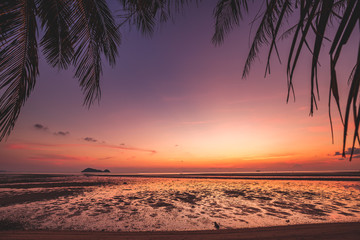 Beautiful Silhouette coconut palm tree on the tropical beach. Bright colorful sunset sky over the ocean water, Thailand.