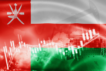 Oman flag, stock market, exchange economy and Trade, oil production, container ship in export and...