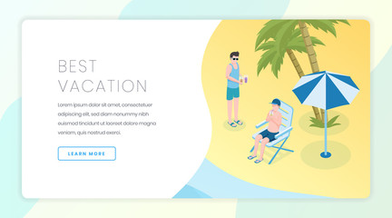 Travel agency landing page vector template. Seasonal vacation, tropical recreation website homepage interface idea with isometric illustrations. Web banner cartoon concept with men on summer beach