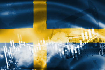 Sweden flag, stock market, exchange economy and Trade, oil production, container ship in export and import business and logistics.
