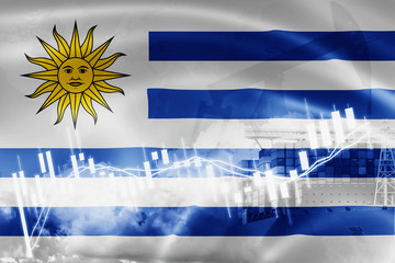 Uruguay flag, stock market, exchange economy and Trade, oil production, container ship in export and import business and logistics.