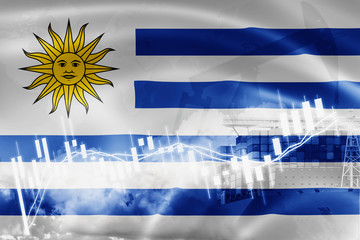 Fototapeta premium Uruguay flag, stock market, exchange economy and Trade, oil production, container ship in export and import business and logistics.