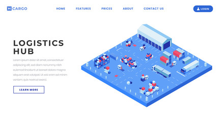 Container yard landing page vector template. Shipping logistics center website homepage interface idea with isometric illustrations. Industrial transportation web banner, webpage cartoon concept