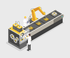 Technology gadget assembly line, manufacturing process. Engineers working on industrial plant, research laboratory 3d vector illustration. Remote controlled, automated robotic arm isometric concept