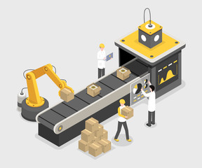 Autonomous packaging process, final assembly stage. Robotic technology stacking boxes with produced merchandise isometric vector illustration. Experts monitoring process, assuring quality 3d concept