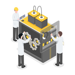 Researchers, engineers working on technology, breakthrough. People working on new tech, projecting modern machinery isometric vector illustration. Fixing and maintaining equipment 3d concept