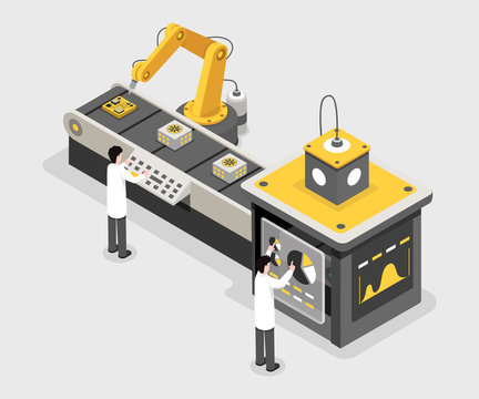 isometric factory scene with robotic arm and workers clip art preview