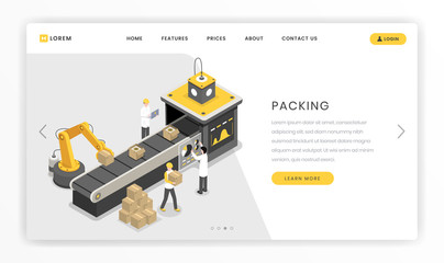 Packing industrial, assembly stage landing page. Programmed robotic claw packaging products ready for transportation vector illustration. Manufacture industry workers, engineers, scientists