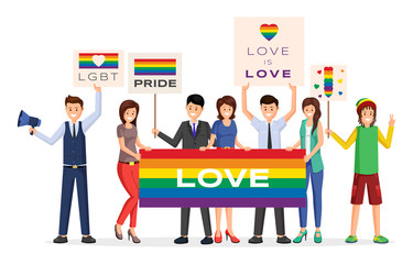 Pride parade demonstrators flat vector illustration. Cartoon male, female activists holding rainbow colored placards. Pride parade members, LGBTQ community, equal rights for gay, lesbian people