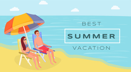 Best summer resort flat vector banner. Spouses sitting on ocean, seashore under beach umbrella cartoon characters. Relaxing, sunbathing together on tropical island on vacation, weekend