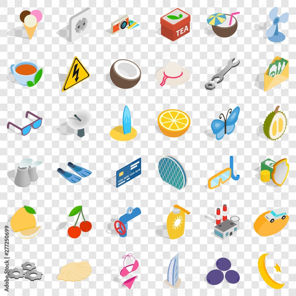 Poster battery icons set. isometric style of 36 battery vector icons for web for any design