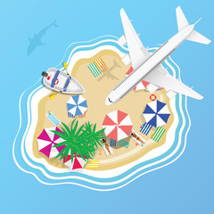 beach on the island with airplane and girls illustration set two