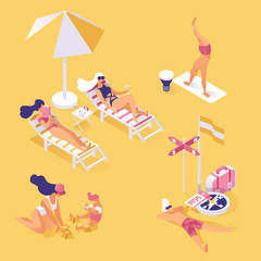 Summer vacation on seashore isometric illustration. People enjoying summertime holiday, relaxing and napping on sandy beach 3d concept. Hot day activities, sunbathing and working out