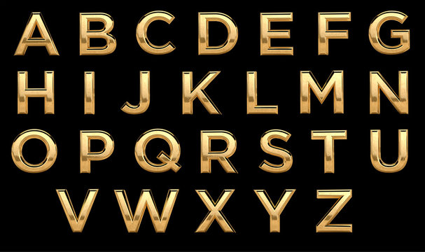 Golden font, all letters. Latin, english alphabet. 3d render, gold metal texture, on black background.