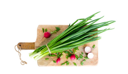 Obraz na płótnie Canvas Fresh green onions, red radish on cutting board. 