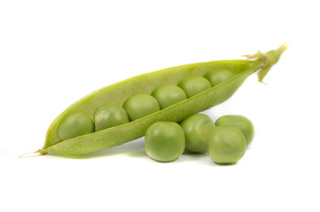 Pea pod and peas isolated on white background