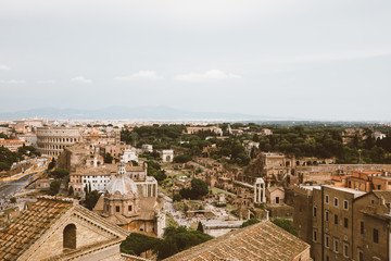 Panoramic view of city Rome with Roman forum and Colosseum from Vittoriano