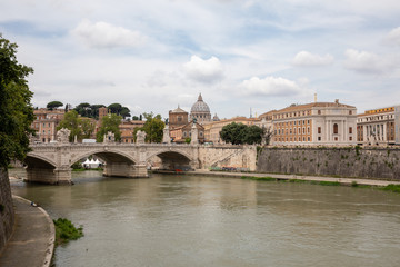 Panoramic view on the Papal Basilica of St. Peter in the Vatican and river Tiber
