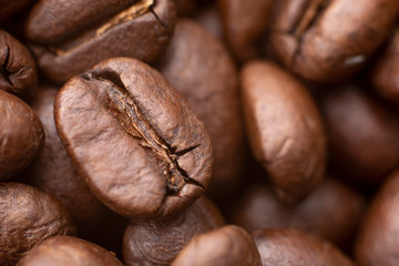 Coffee beans background. Close up of brown coffee background.