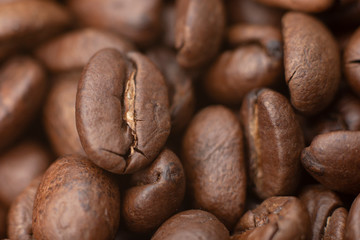 Coffee beans. Close up macro a group roasted brown or black coffee grains background
