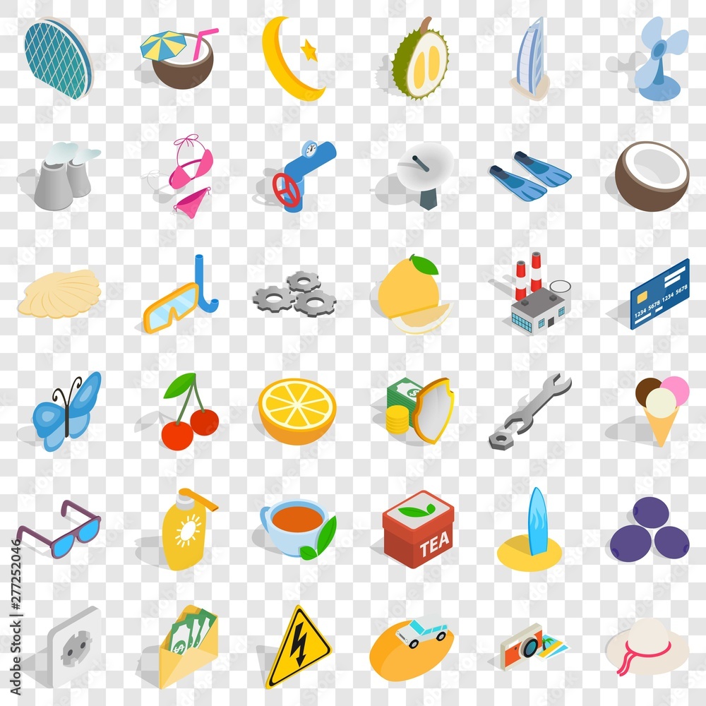Poster coconut icons set. isometric style of 36 coconut vector icons for web for any design